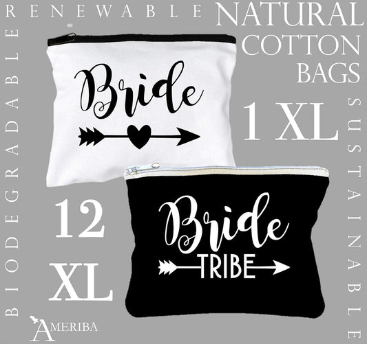12 PACK SET + 1 BRIDE BAG Premium Natural Cotton Canvas Makeup Bag- Bridesmaids Gifts for the Bachelorette Party or Bridal Shower