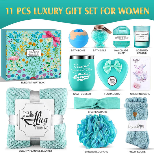 Birthday Gifts for Women, Thinking of You Gift Care Package with Luxury Flannel Blanket for Women Mom Her Wife Friends Sister, Blue Self Care Spa Relaxing Baskets for Christmas Valentines Mothers Day