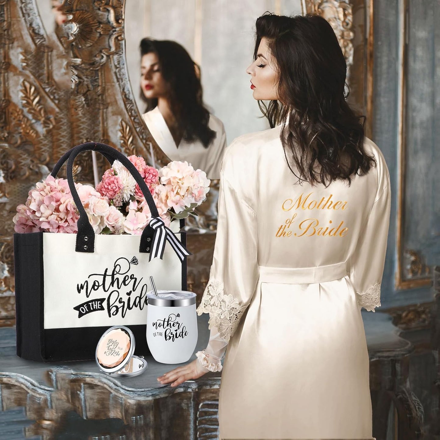 14 Pcs Mother of the Bride and Groom Gifts Set Wedding Satin Robe Canvas Tote Bag with Makeup Bag 12 Oz Tumbler Cup Small Makeup Mirror Scrunchies Knot Bracelet Wedding Gift for Mom(Champagne)