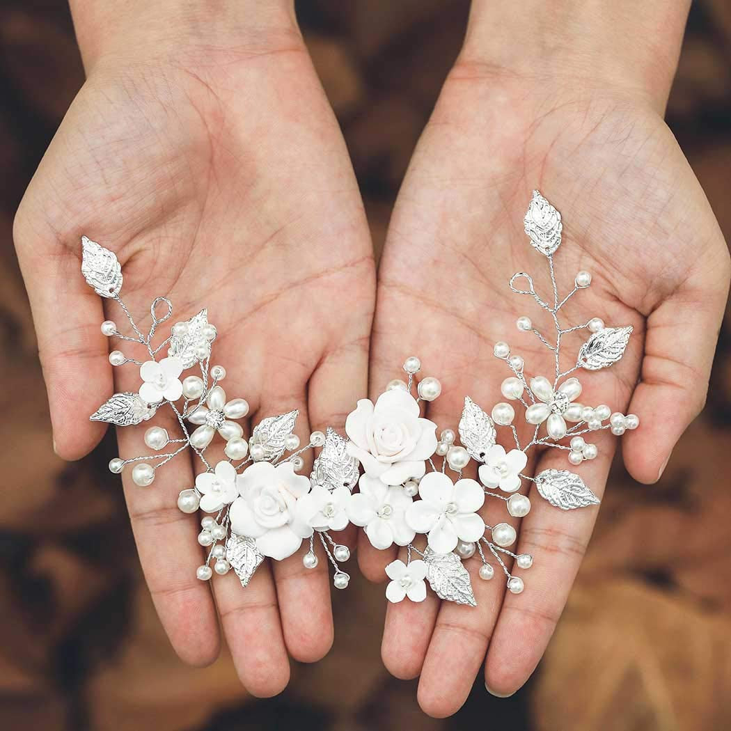 Flower Bride Wedding Hair Vine Pearl Bridal Headpiece Leaf Hair Accessories Hair Piece for Women and Girls (A Silver)