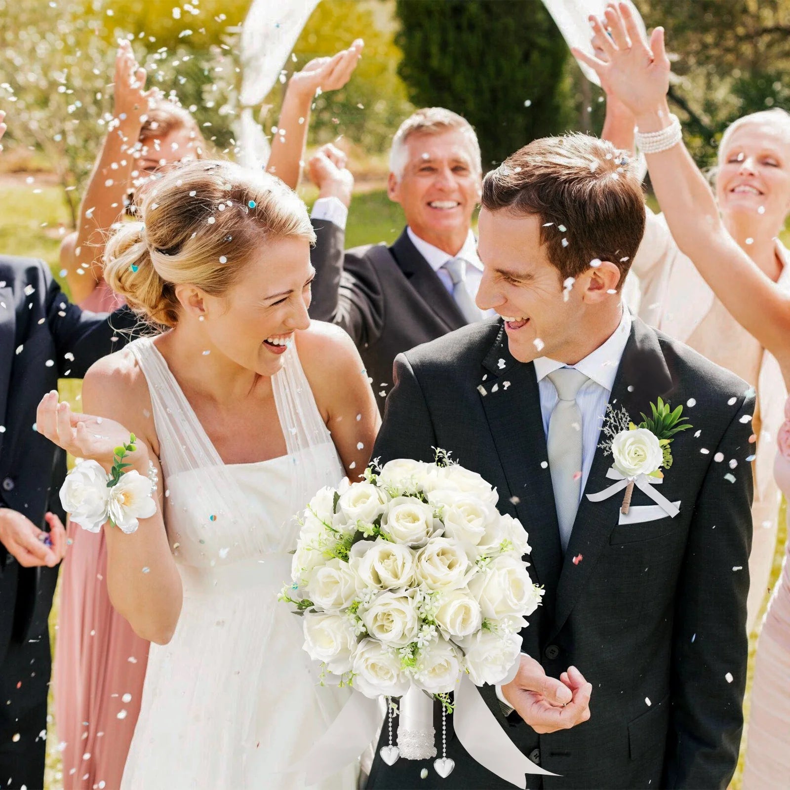 12 Inch Wedding Bouquets for Bride and Bridesmaids, Tossing Artificial Flower Bouquets for Wedding, Wedding Decorations, White