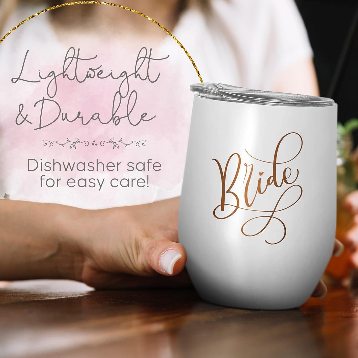 Bride & Bride Tribe Stainless Steel Wine Tumblers with Lids for Bachelorette Parties, Weddings, Bridesmaid Gifts, Reusable, 12Oz - 6 Piece Set (Black)