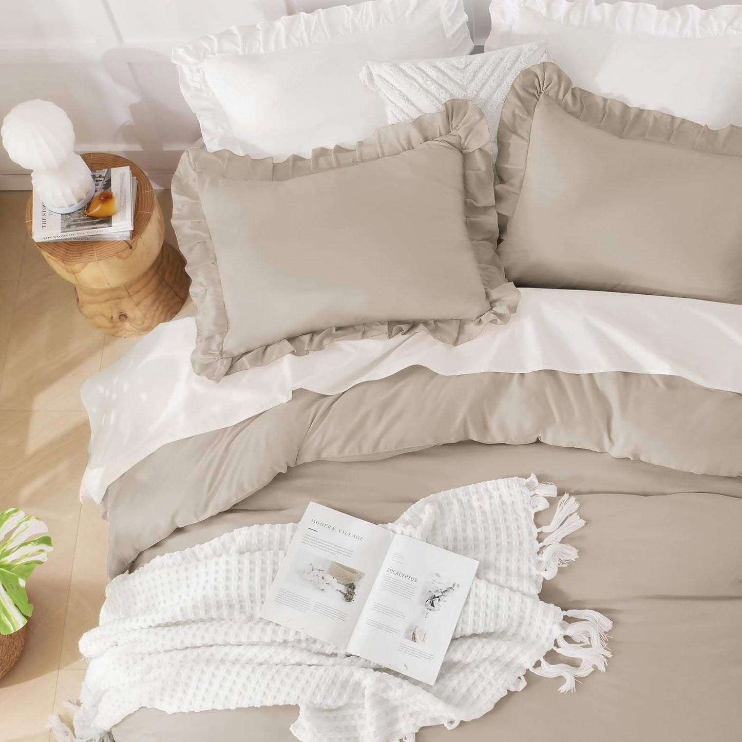 Wheat Ruffle Comforter Set, 2 Pieces Kids Comforter Set Twin(66X90Inch), Farmhouse Shabby Chic Comforter Set, Soft Microfiber Kids Bedding Set