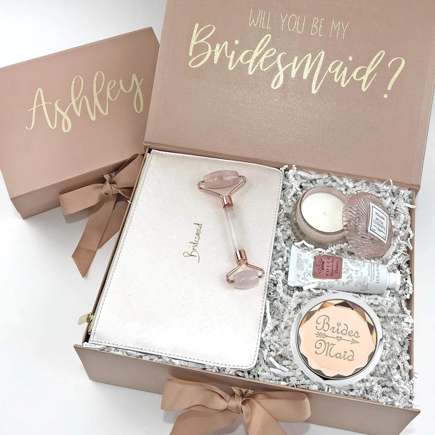 Pack of 11 Bridesmaid Gifts Set Include 1 Bride 1 Maid of Honor 9 Bridesmaid Pocket Compact Makeup Mirrors for Bachelorette Party Bridesmaid Proposal Gifts. (Champagne)