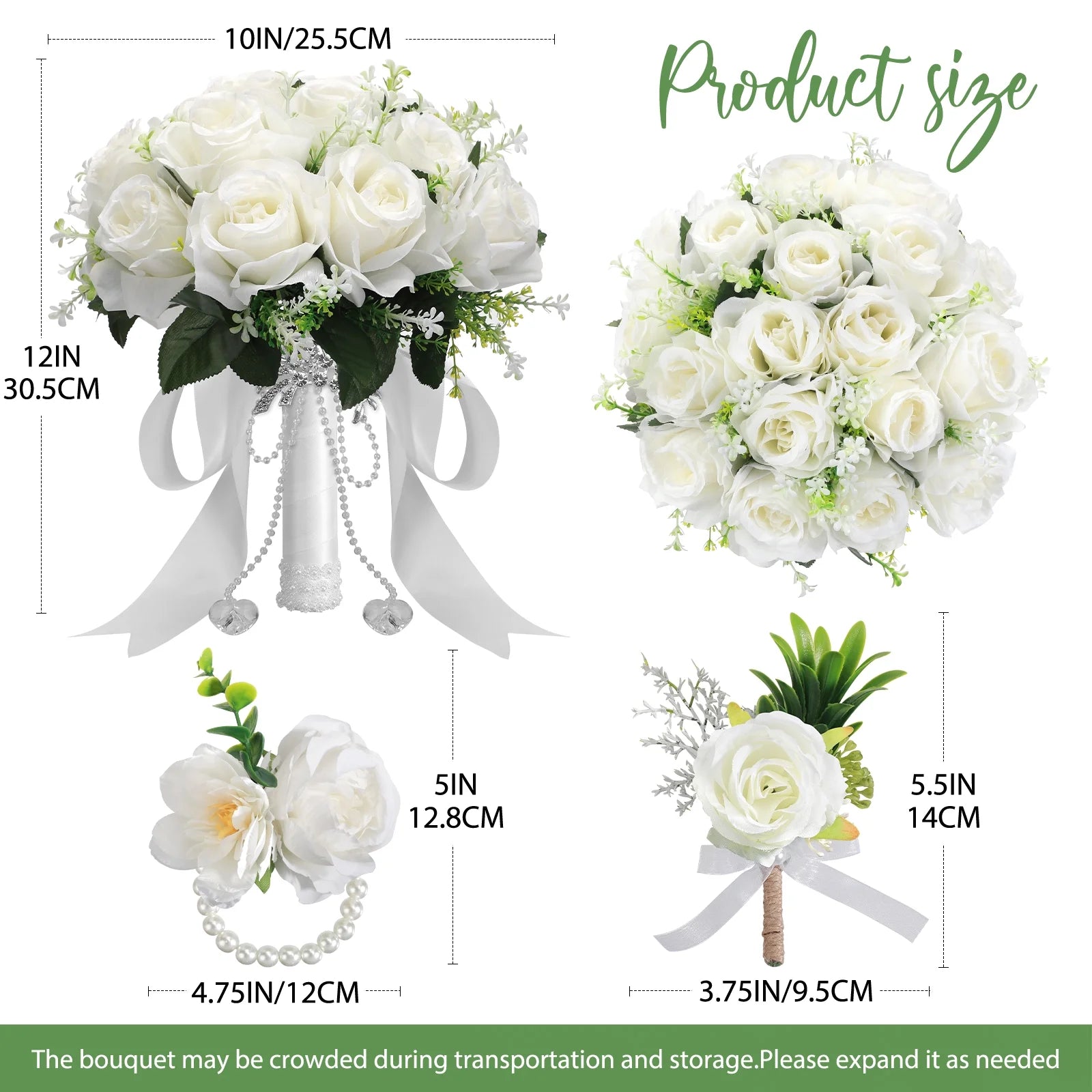 12 Inch Wedding Bouquets for Bride and Bridesmaids, Tossing Artificial Flower Bouquets for Wedding, Wedding Decorations, White
