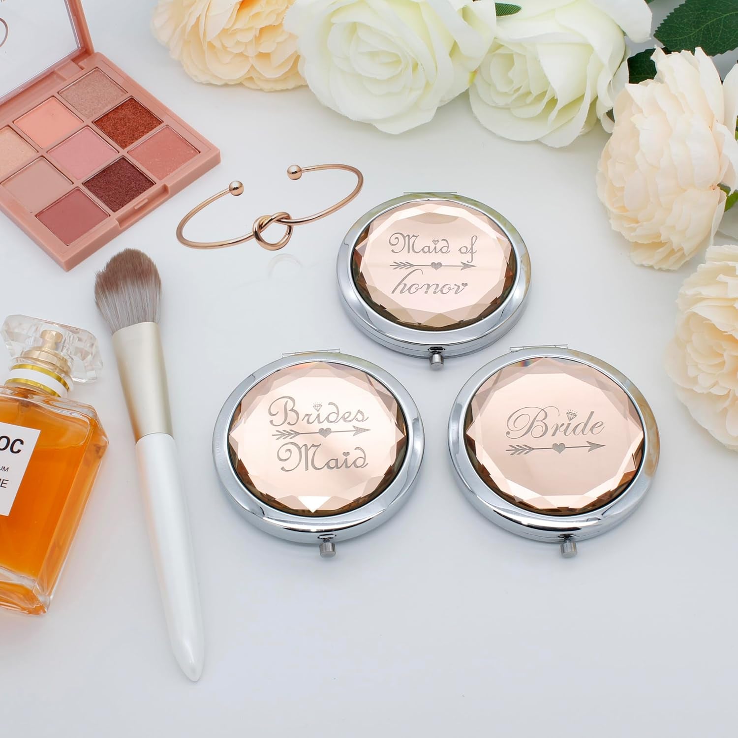 Pack of 11 Bridesmaid Gifts Set Include 1 Bride 1 Maid of Honor 9 Bridesmaid Pocket Compact Makeup Mirrors for Bachelorette Party Bridesmaid Proposal Gifts. (Champagne)