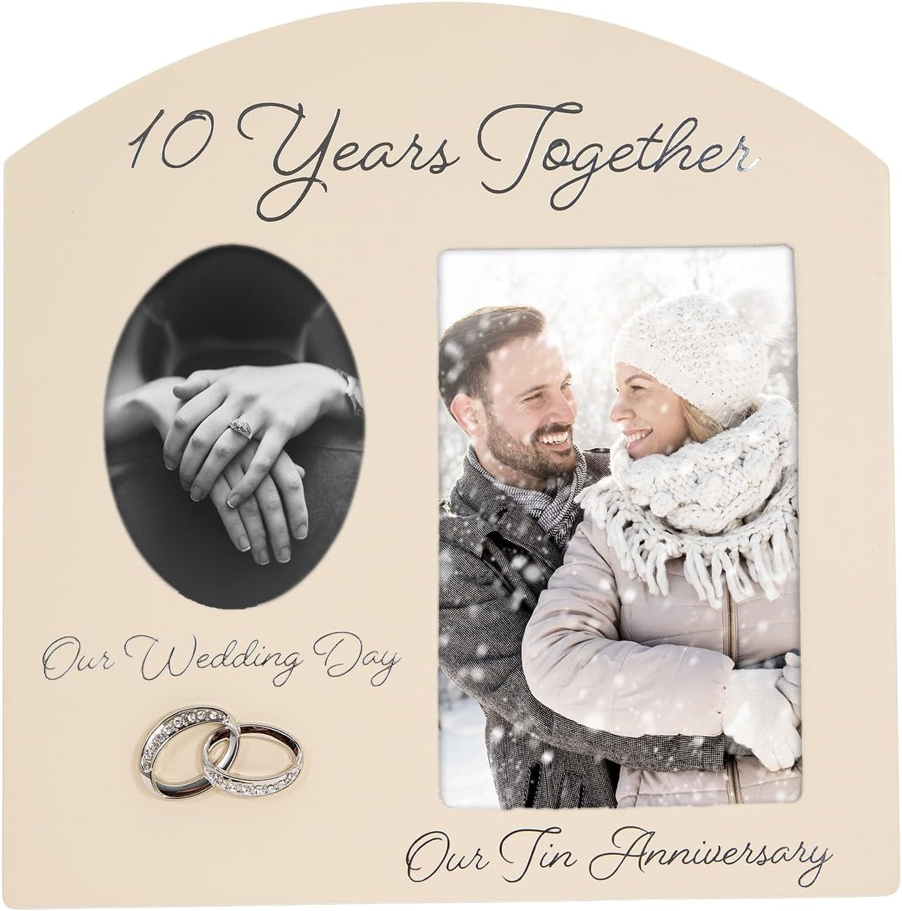 Contemporary 10 Years Together Then and Now Tin Anniversary Light Beige Frame with Double Silver Rings | Beautiful 10Th Anniversary Picture Frame