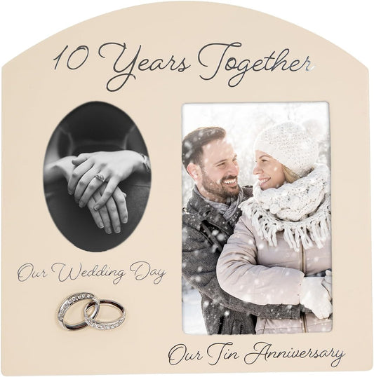 Contemporary 10 Years Together Then and Now Tin Anniversary Light Beige Frame with Double Silver Rings | Beautiful 10Th Anniversary Picture Frame