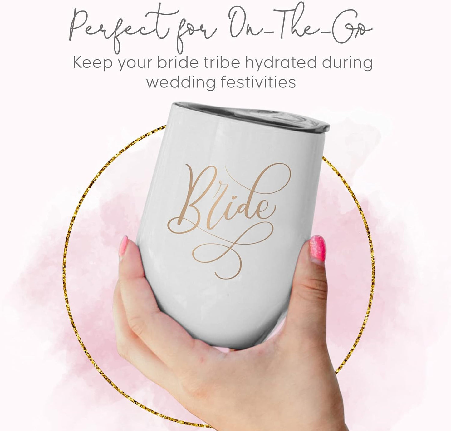 Bride & Bride Tribe Stainless Steel Wine Tumblers with Lids for Bachelorette Parties, Weddings, Bridesmaid Gifts, Reusable, 12Oz - 6 Piece Set (Black)