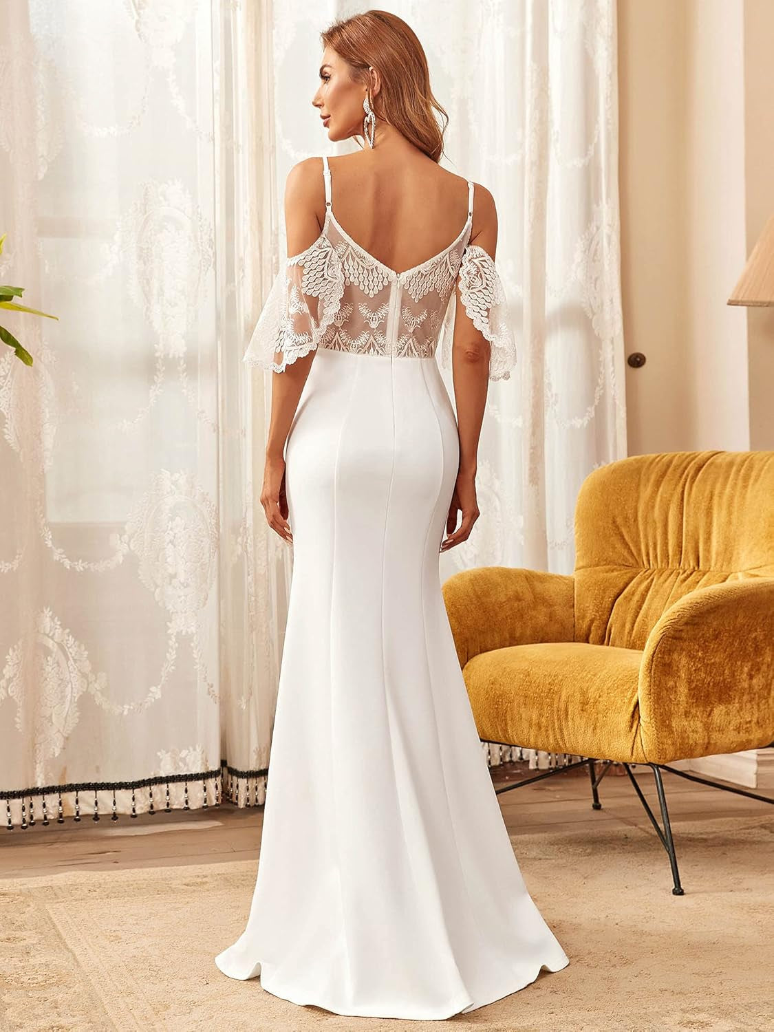 Women'S Adjustable Spaghetti Straps Lace Wedding Dress for Bride White US6
