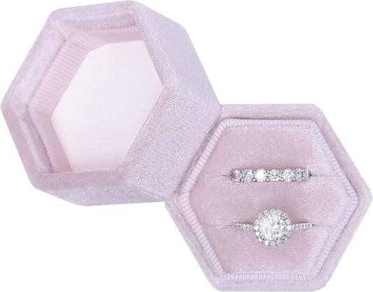 Hexagon Velvet 2 Slots Jewelry Ring Box Engagement Ring Box Wedding Day Detachable Lid for Proposal Engagement Wedding Ceremony (Ballet Pink)