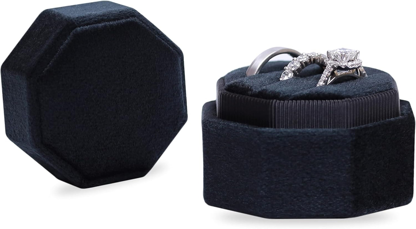 Velvet 3 Slots Jewelry Ring Box Engagement Wedding Box Keepsake Box Bridal Photo Ring Triple Slots Octagon (Black)