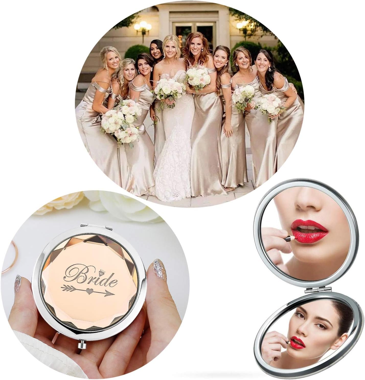 Pack of 11 Bridesmaid Gifts Set Include 1 Bride 1 Maid of Honor 9 Bridesmaid Pocket Compact Makeup Mirrors for Bachelorette Party Bridesmaid Proposal Gifts. (Champagne)