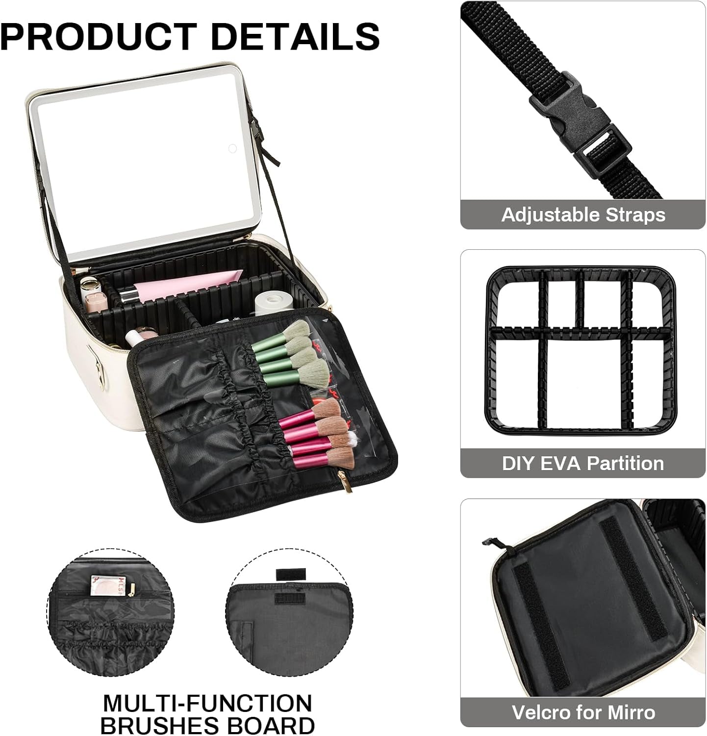 Travel Makeup Bag with Led Mirror and Portable Makeup Train Case Led Bags with Mirror Organizer Bag Travel Gifts for Her Women Bestie White