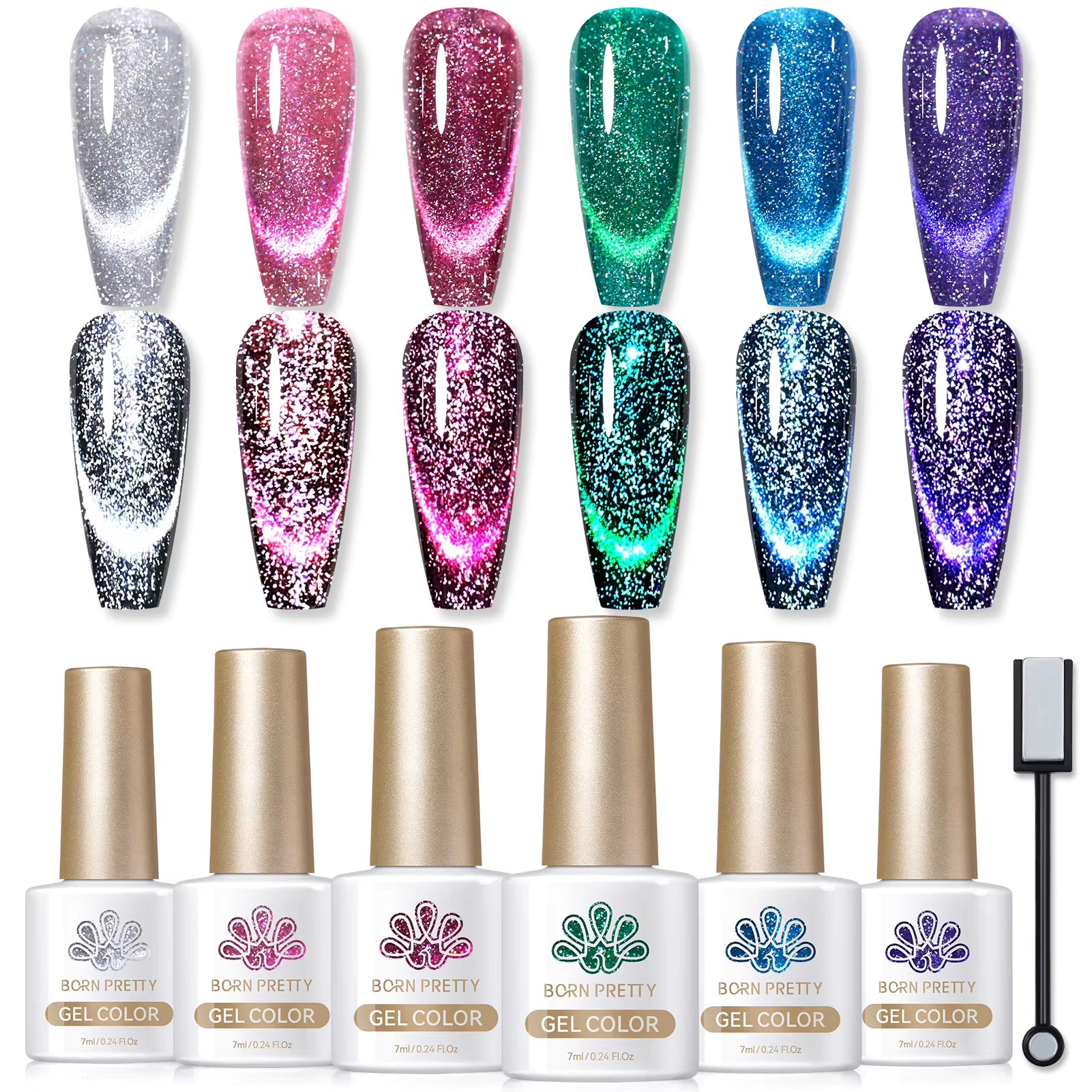 6PCS Pink Ocean Cat Magnetic Nail Gel Polish Set - Holographic Jelly Manicure Kit for Salon-Quality Art