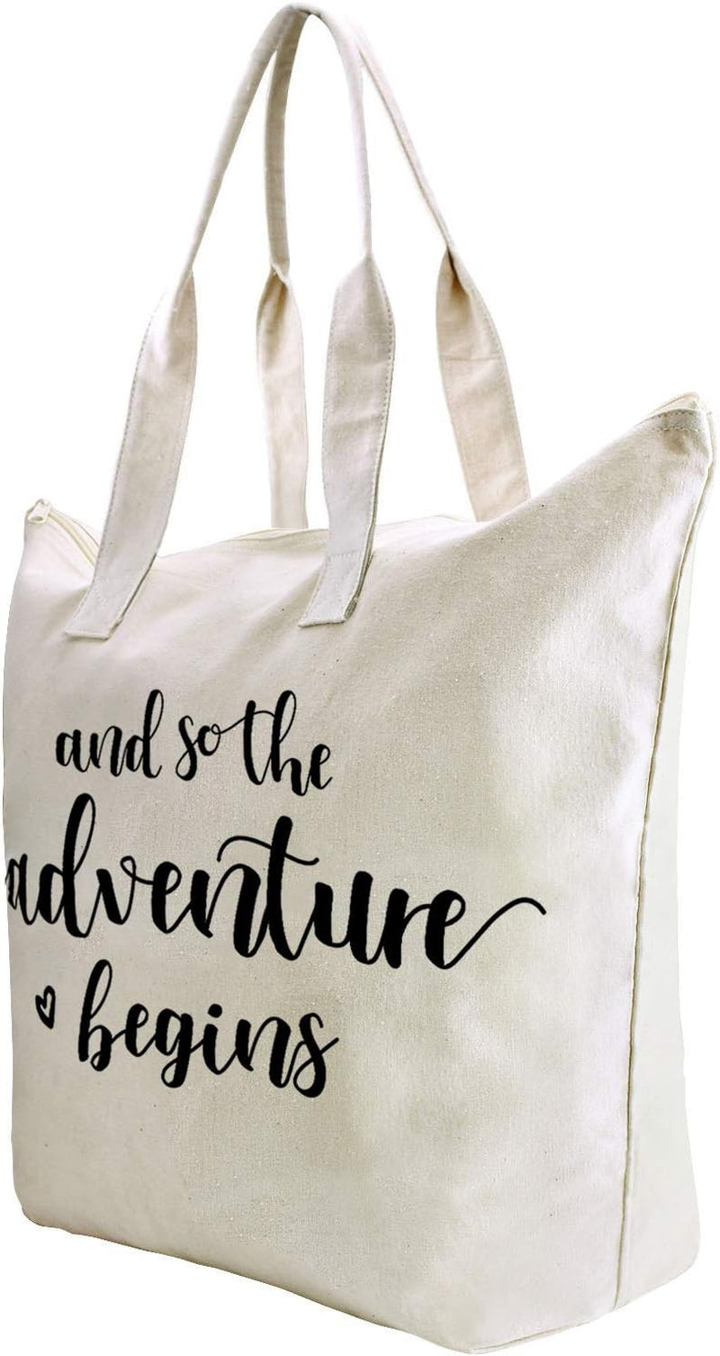 Bridal Shower Gifts for Bride Bag Bride to Be Gifts Honeymoon Wedding Engagement Graduation Present and so the Adventure Begins Tote with Zipper and Pocket Canvas