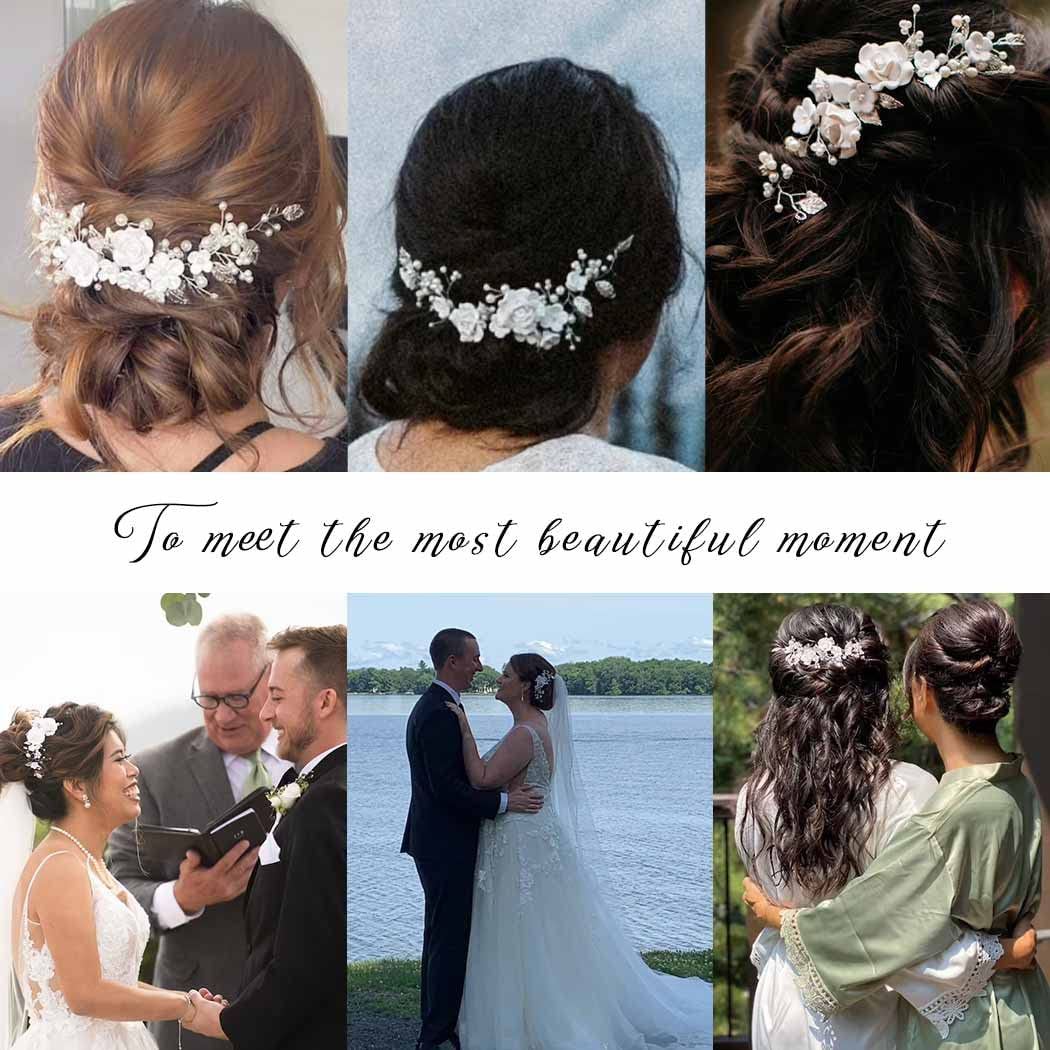 Flower Bride Wedding Hair Vine Pearl Bridal Headpiece Leaf Hair Accessories Hair Piece for Women and Girls (A Silver)