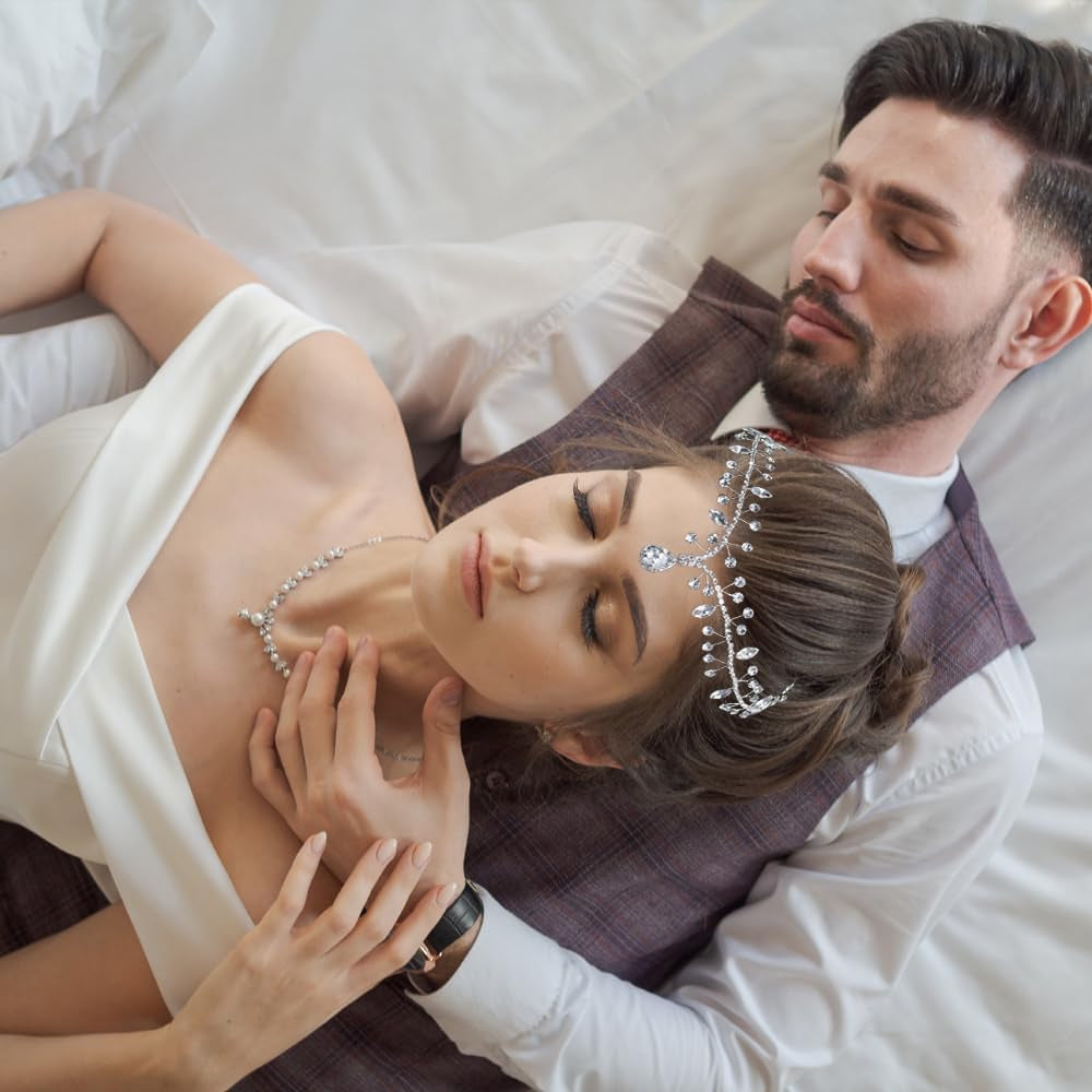 Wedding Hair Accessories for Brides, Rhinestone Forehead Headpiece, Rhinestone Bridal Headband Bridal Headpieces for Wedding (Silver)