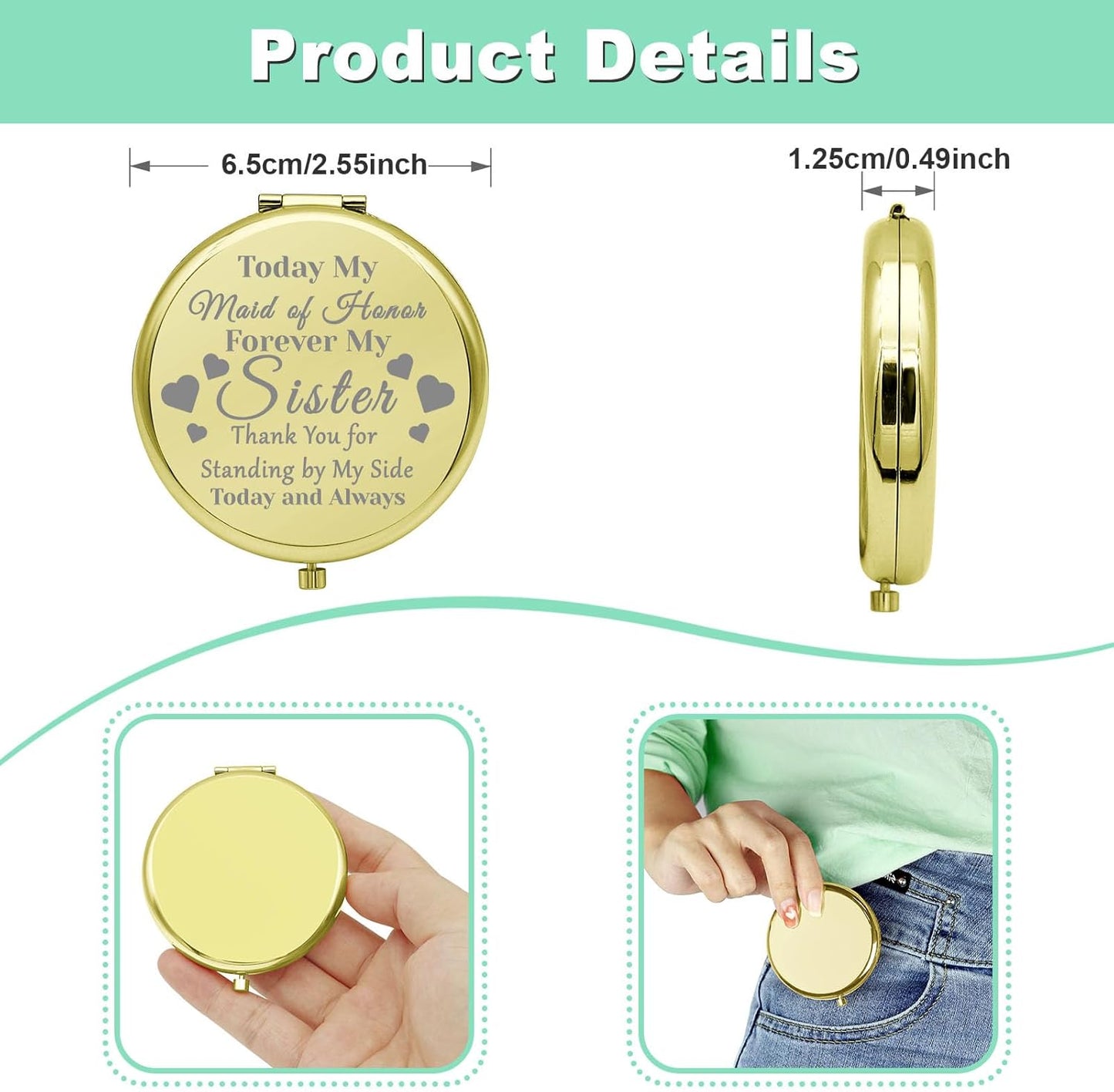 Bridesmaid Gifts Compact Makeup Mirror Wedding Gift for Maid of Honor Sister Gift Bachelorette Party Gift Bridal Party Gifts Bridal Shower Gift Pocket Makeup Mirror Wedding Day Thank You Gift (Gold)