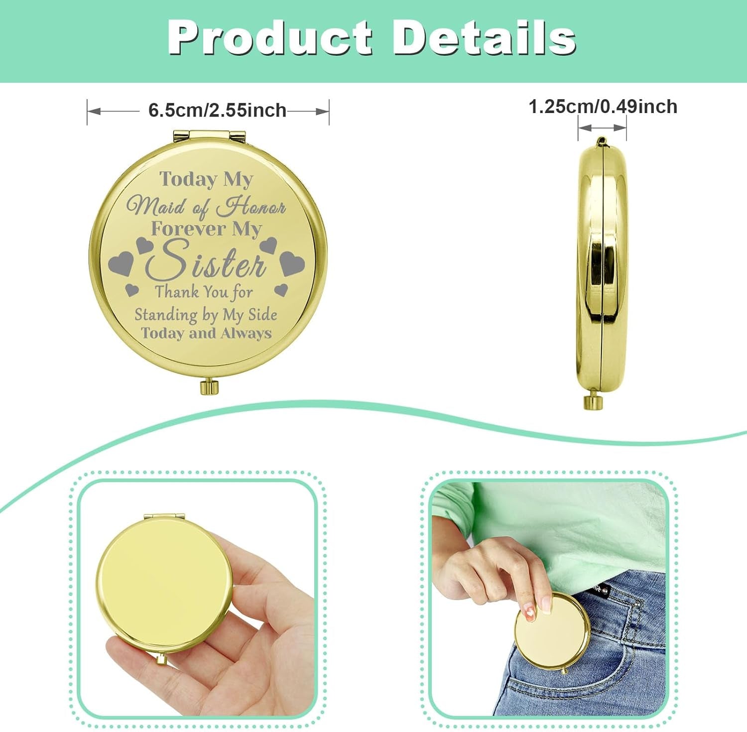 Bridesmaid Gifts Compact Makeup Mirror Wedding Gift for Maid of Honor Sister Gift Bachelorette Party Gift Bridal Party Gifts Bridal Shower Gift Pocket Makeup Mirror Wedding Day Thank You Gift (Gold)