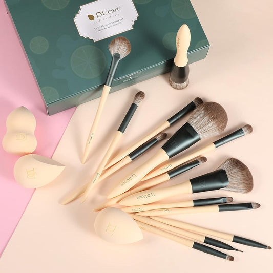 Makeup Brushes 14Pcs with 3Pcs Makeup Spong & Cosmetic Bag - Lime Mojito Series Makeup Brush Set for Foundation Blending Face Powder Blush Concealers Eye Shadows