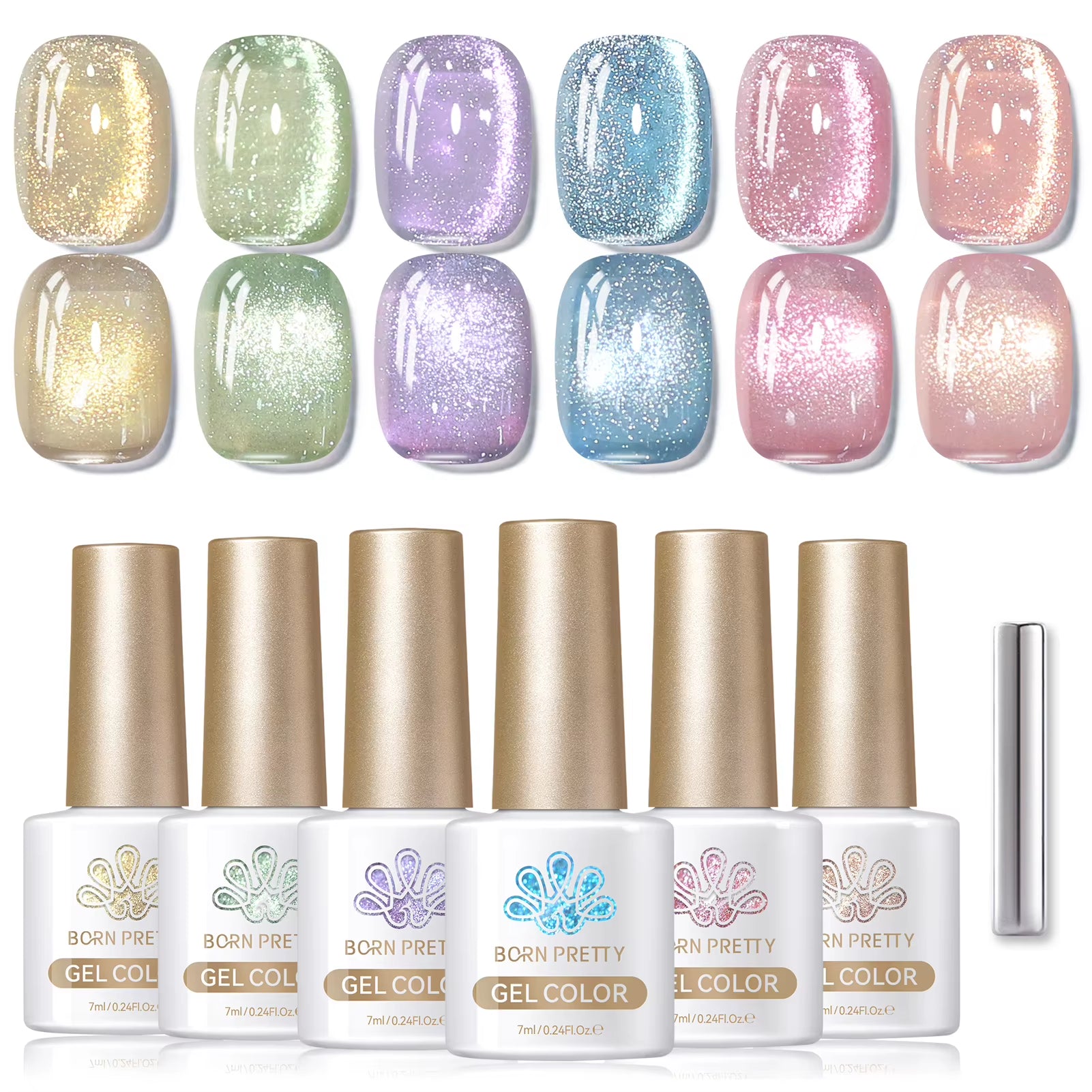 6PCS Pink Ocean Cat Magnetic Nail Gel Polish Set - Holographic Jelly Manicure Kit for Salon-Quality Art