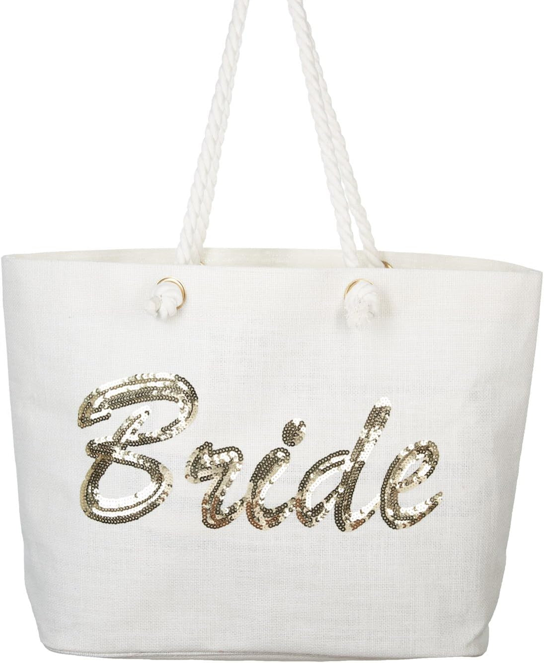 Bride Tote Bag, Jute Silver Sequin Interior Pocket, Wedding Party Honeymoon Gifts for Her