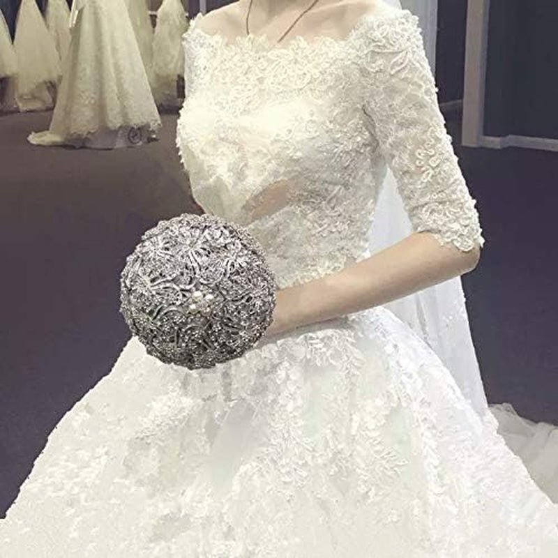 Wedding Bouquet Luxury Artifical Diamond Wedding Bouquet Set Including Bouquets, Wrist Flowers,Corsage,Handmade with Shimmering Diamonds for Elegant Bridal (Silver+Gray)