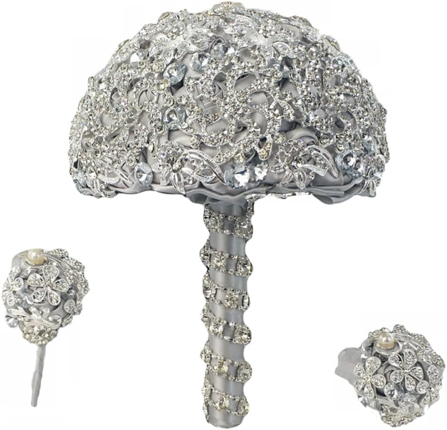 Wedding Bouquet Luxury Artifical Diamond Wedding Bouquet Set Including Bouquets, Wrist Flowers,Corsage,Handmade with Shimmering Diamonds for Elegant Bridal (Silver+Gray)