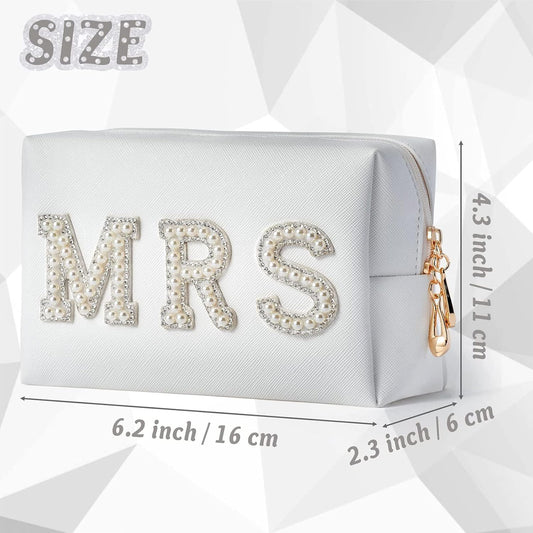 Bride Makeup Bag,Bride Bag MRS White Makeup Bag,Pearl Letter Patch Cosmetic Bag,Toiletry Bag Skincare Bag PU Leather Makeup Bag Zipper Purse,Bride to Be Gifts,Bride Gifts,Engagement Gifts for Women