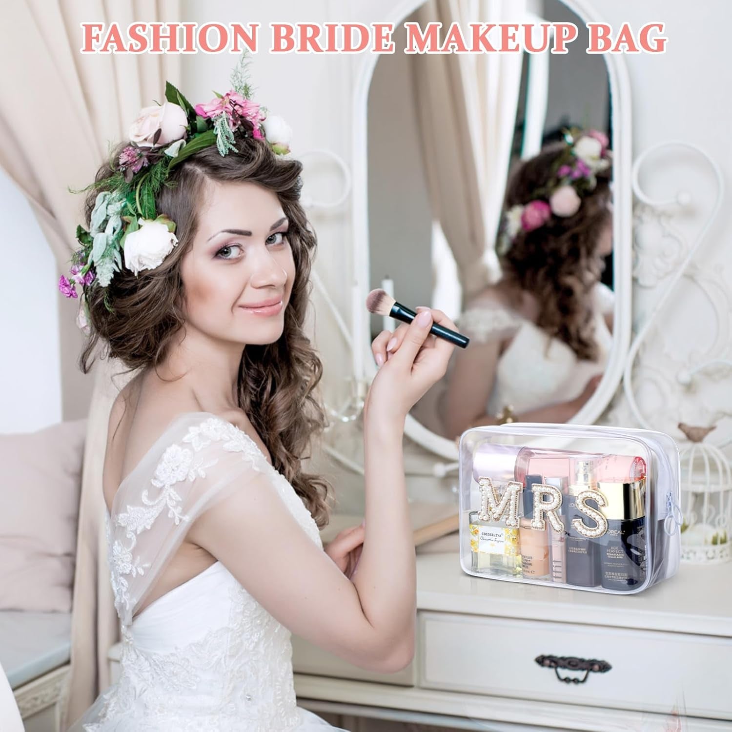 MRS Clear Cosmetic Bag, Bachelorette Gifts for Bride Makeup Bag, Portable PVC Travel Toiletry Bag Bling Pearl Rhinestone Patch Letter Bags for Engagement Party Women Wedding Bridal (Gold)