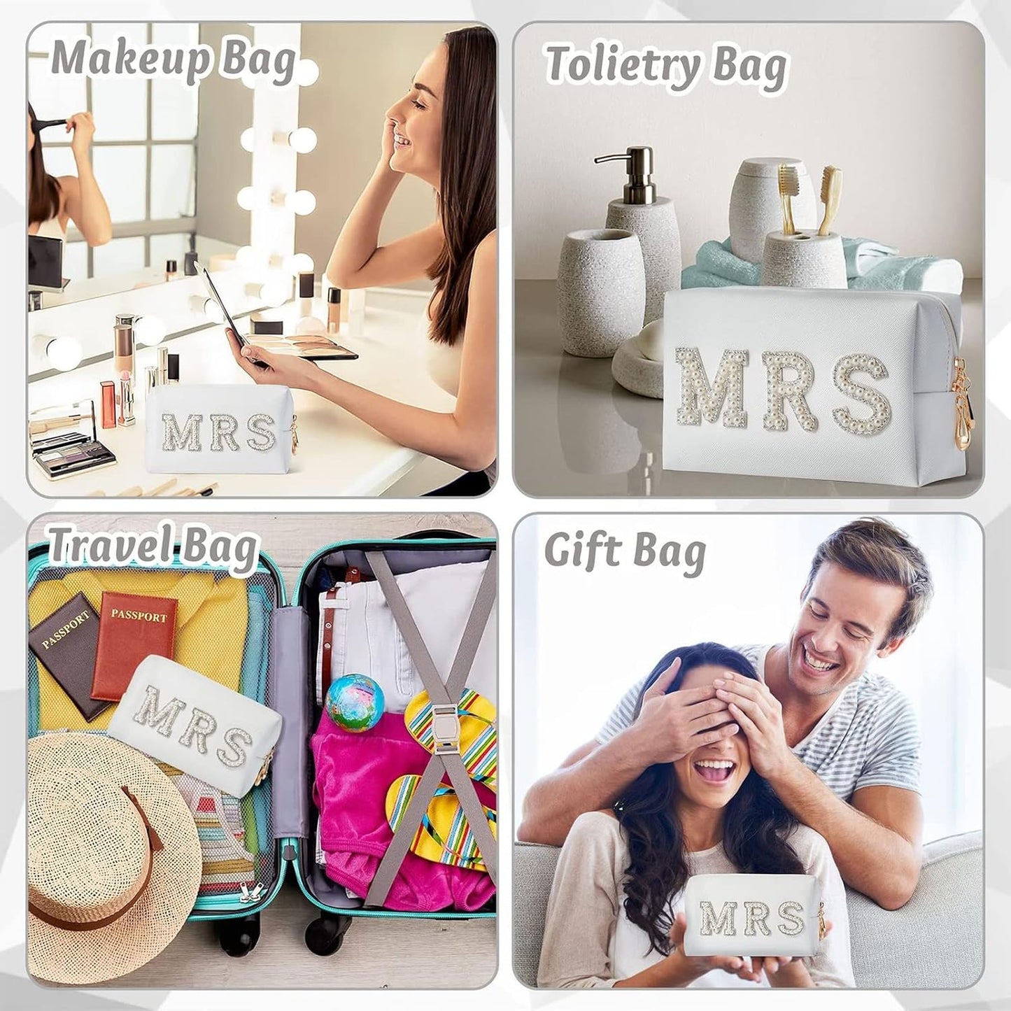 Bride Makeup Bag,Bride Bag MRS White Makeup Bag,Pearl Letter Patch Cosmetic Bag,Toiletry Bag Skincare Bag PU Leather Makeup Bag Zipper Purse,Bride to Be Gifts,Bride Gifts,Engagement Gifts for Women