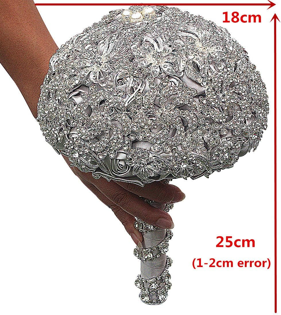 Wedding Bouquet Luxury Artifical Diamond Wedding Bouquet Set Including Bouquets, Wrist Flowers,Corsage,Handmade with Shimmering Diamonds for Elegant Bridal (Silver+Gray)