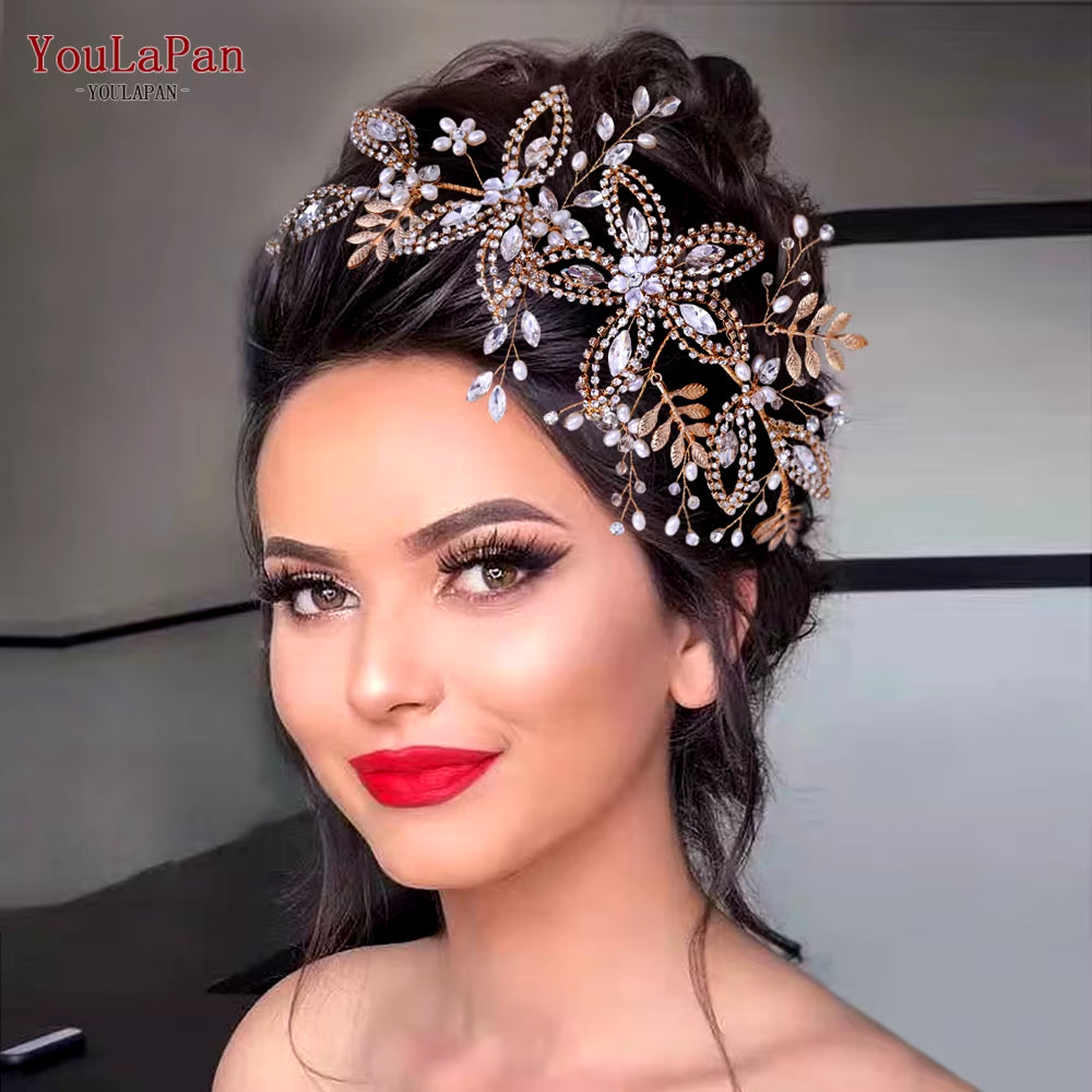 HP380 Alloy Flower Headband Wedding Hair Accessories Rhinestone Bridal Headwear Hair Jewelry Head Piece Wedding Tiara