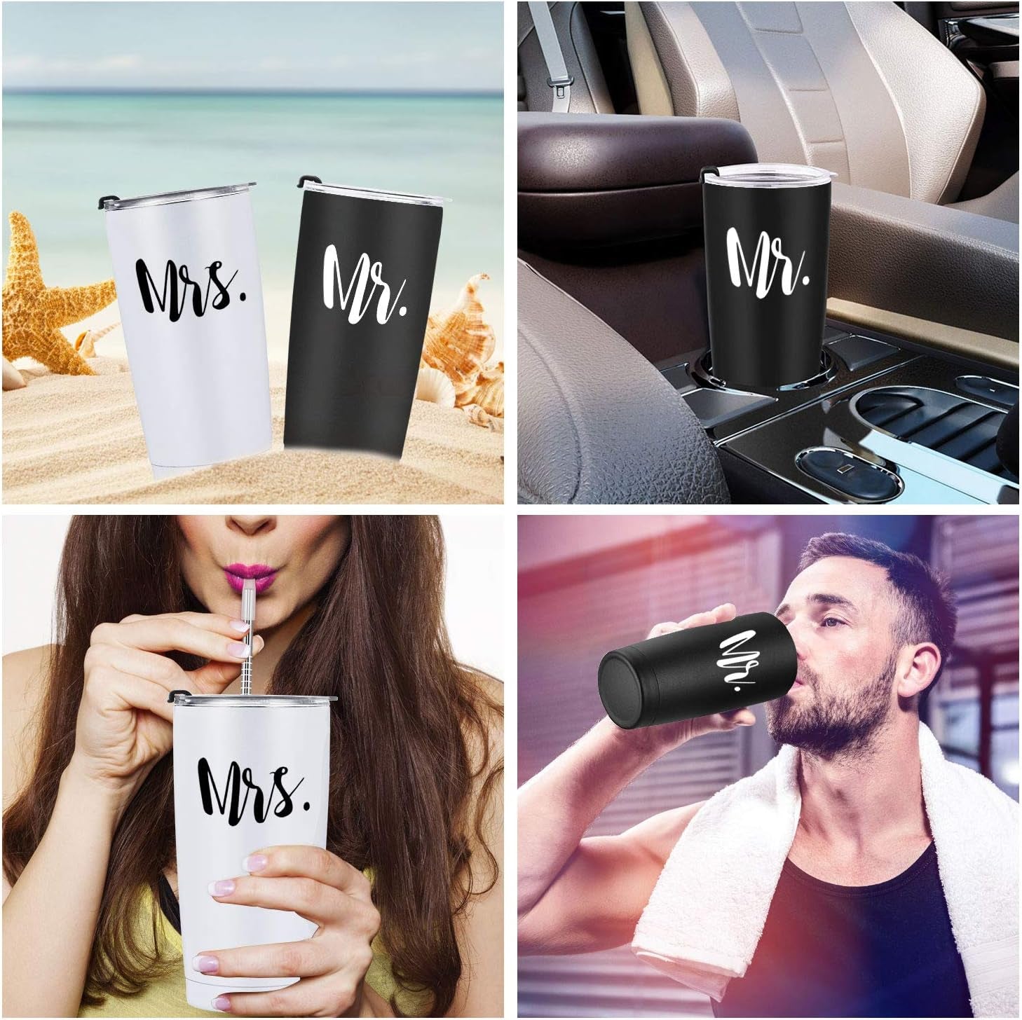 Mr and Mrs Tumbler Set of 2 Stainless Steel Travel Tumbler Ideas for Newlyweds Couples Wife Bride to Be Newly Engaged Bridal Shower, Insulated Travel Tumbler for Wedding Engagement(20 Oz, Black&White)