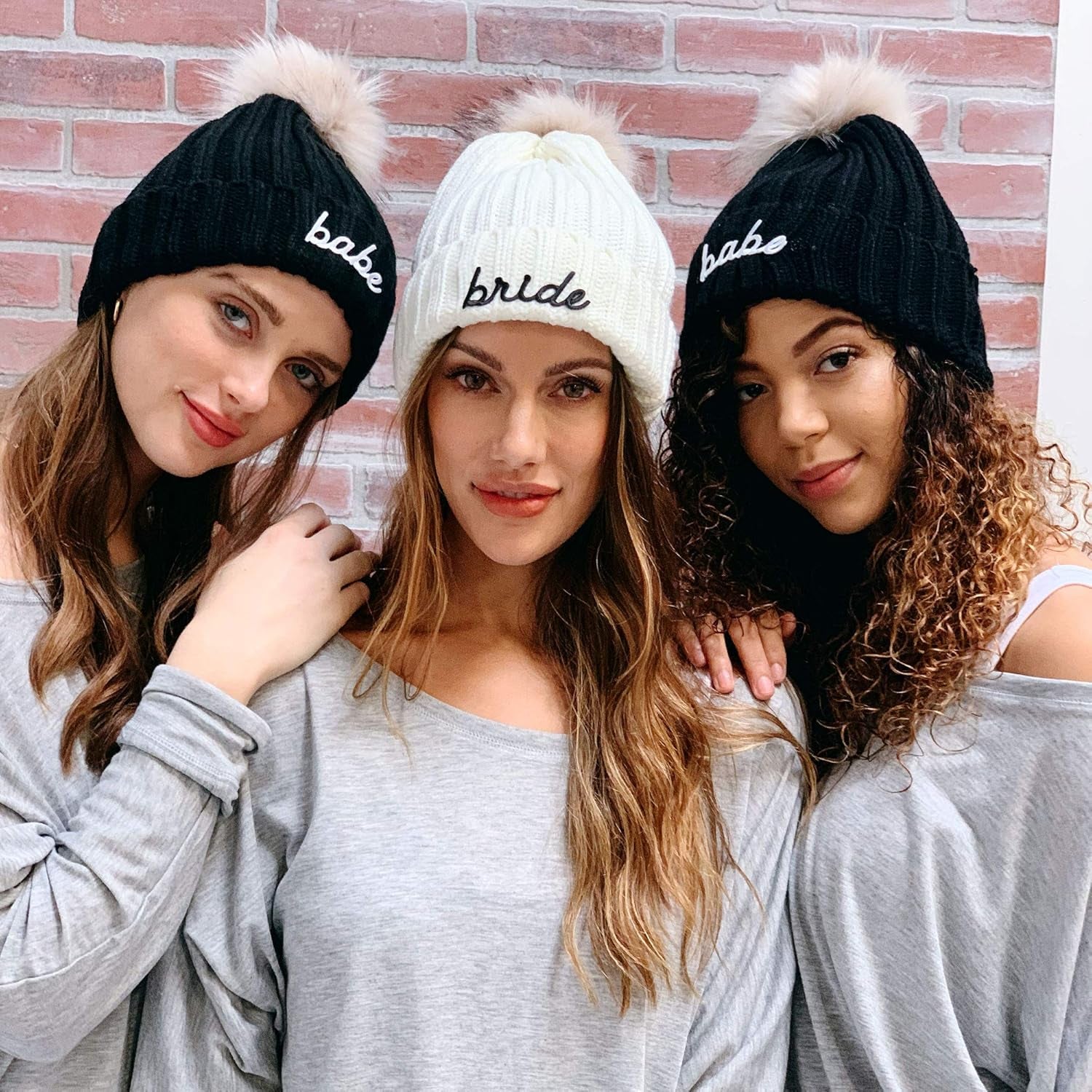 Bride & Bridesmaid Beanie Hats Knitted with Faux Fur Pom Poms for Women Winter Bachelorette Parties