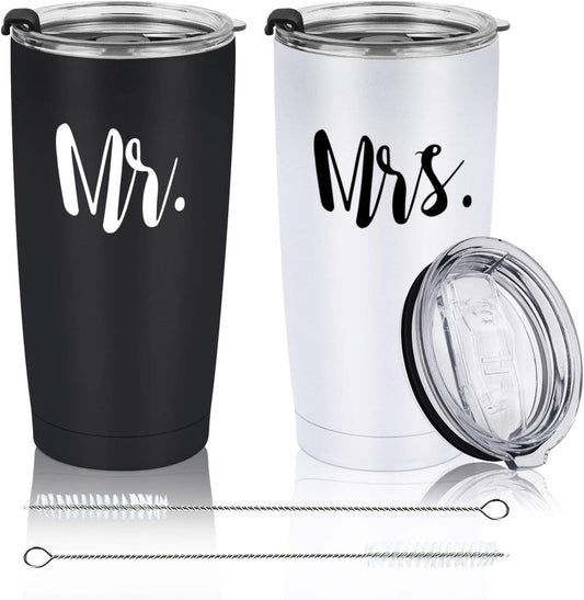 Mr and Mrs Tumbler Set of 2 Stainless Steel Travel Tumbler Ideas for Newlyweds Couples Wife Bride to Be Newly Engaged Bridal Shower, Insulated Travel Tumbler for Wedding Engagement(20 Oz, Black&White)