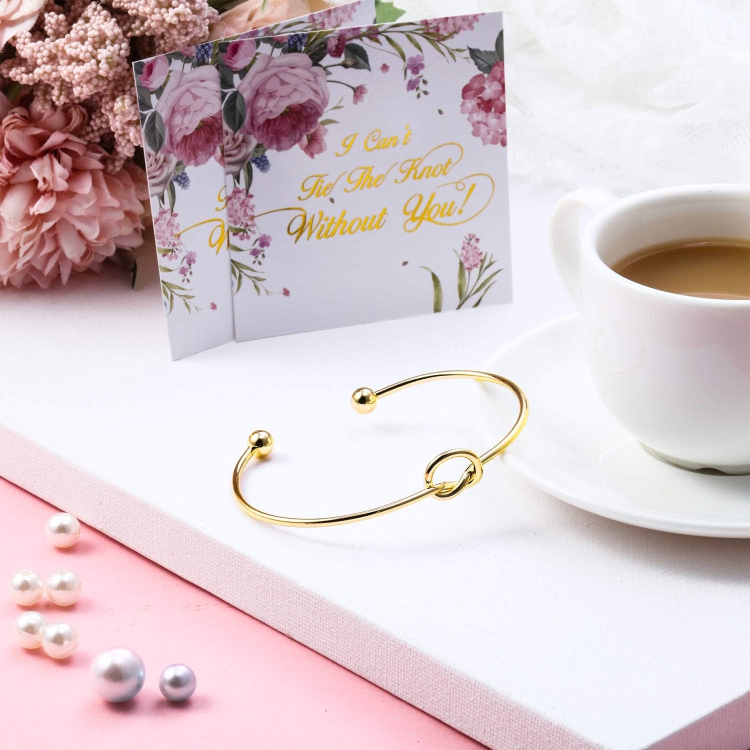 10 Pcs Knot Bracelet for Bridesmaid Proposal Gifts, Tie the Love Knot Bridesmaid Bracelet for Women Wedding Proposal Cuff Bangle with Cards(Gold)