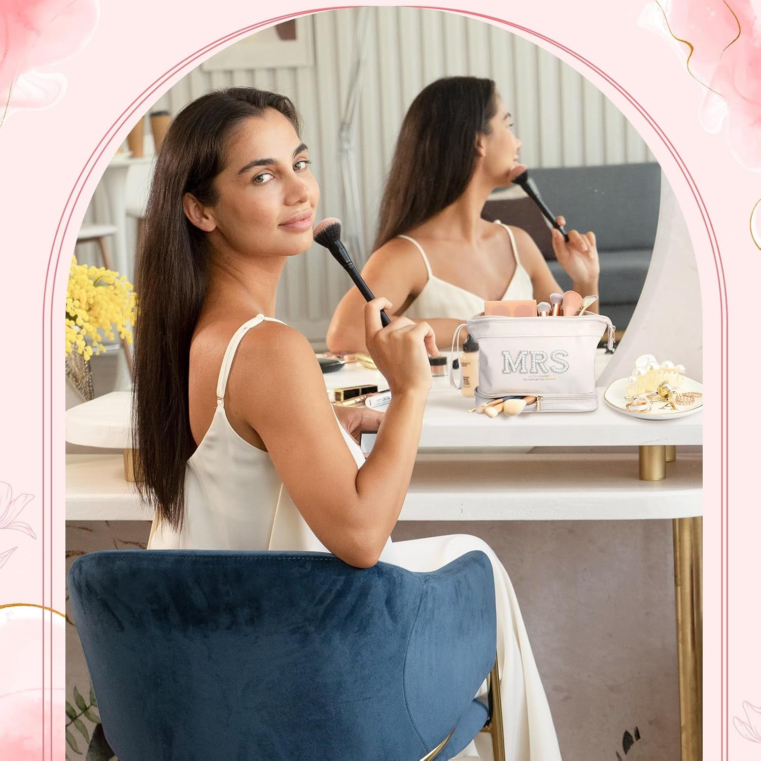 Personalized Initial Bridal Mrs Wedding Slippers Bride Wedding Ceramic Jewelry Tray Mrs White Pearl Letter Makeup Bag Claw Hair Clip Bridal Hair Tie for Women(Letter A)