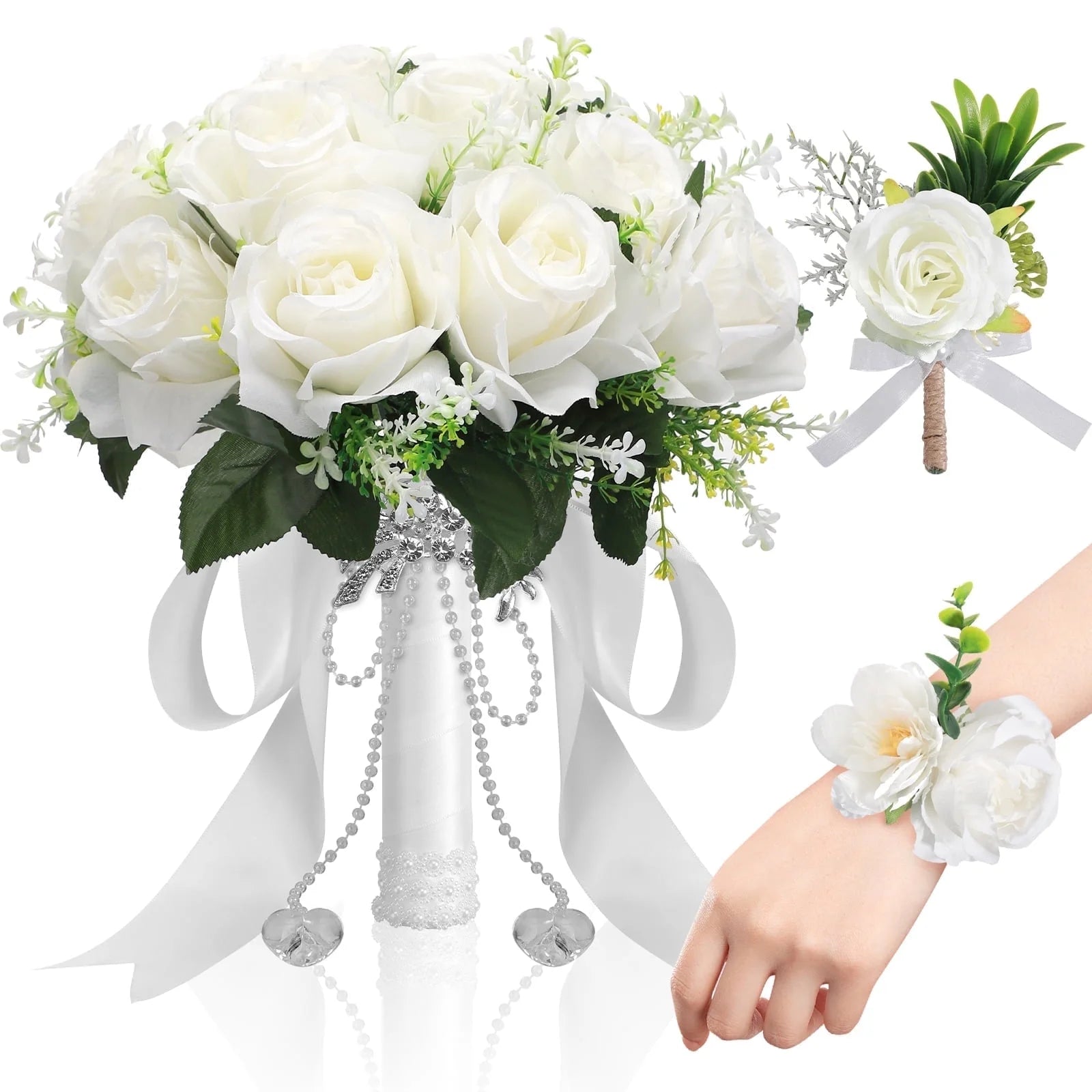 12 Inch Wedding Bouquets for Bride and Bridesmaids, Tossing Artificial Flower Bouquets for Wedding, Wedding Decorations, White