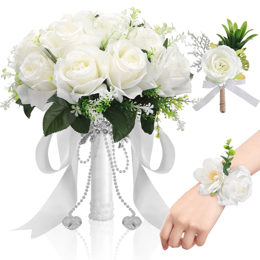 12 Inch Wedding Bouquets for Bride and Bridesmaids, Tossing Artificial Flower Bouquets for Wedding, Wedding Decorations, White