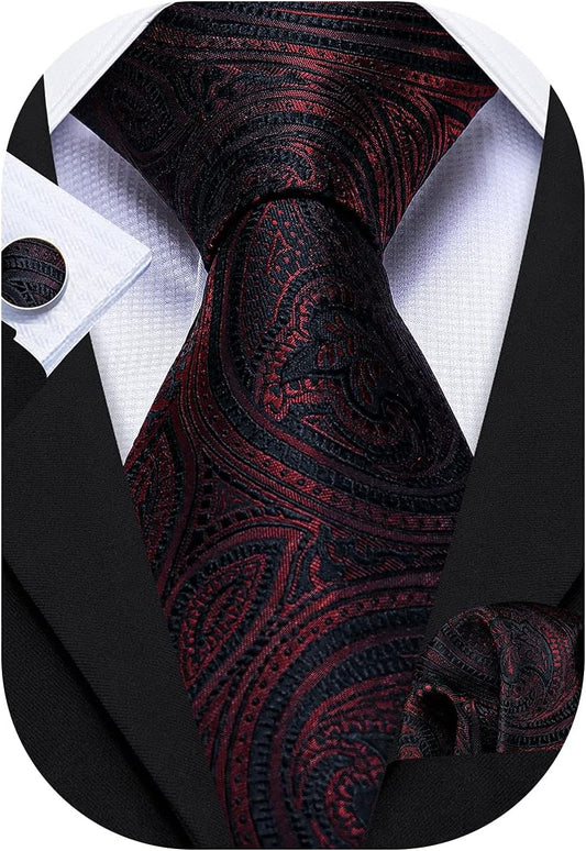Classic Burgundy Flower Man Tie Set Wedding Necktie Pocket Square Cufflinks Ceremony
