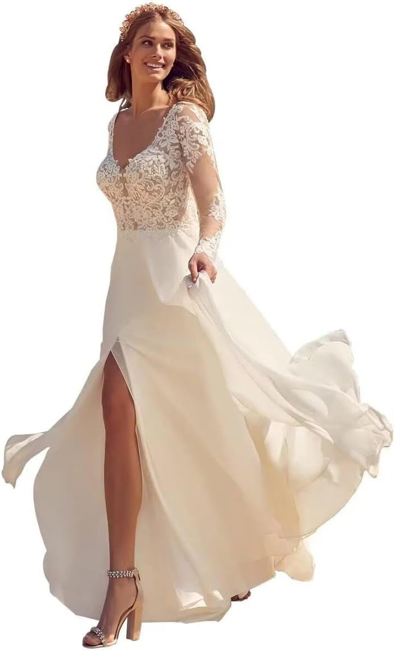 Long Sleeves Wedding Dresses for Bride 2025 Boho Beach A-Line Appliques Lace Bridal Ball Gowns with Train