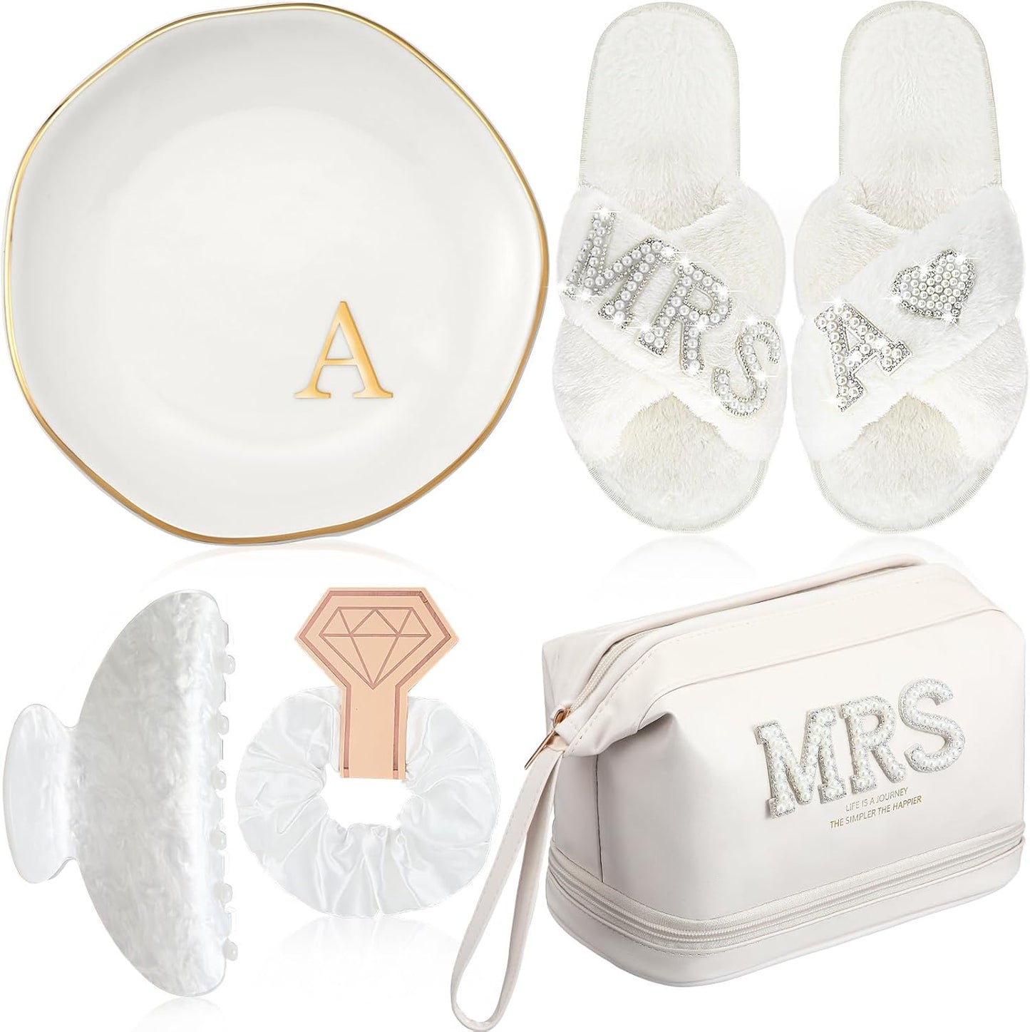 Personalized Initial Bridal Mrs Wedding Slippers Bride Wedding Ceramic Jewelry Tray Mrs White Pearl Letter Makeup Bag Claw Hair Clip Bridal Hair Tie for Women(Letter A)