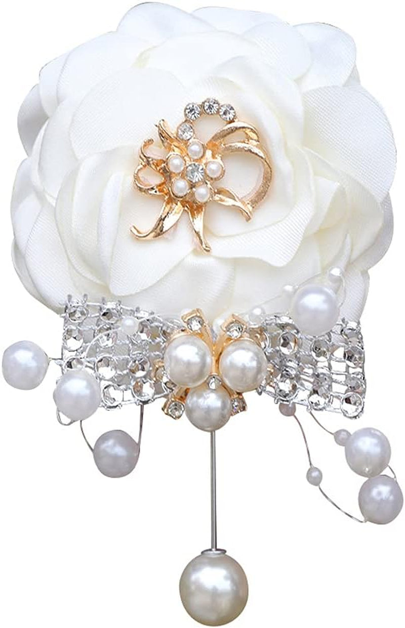 Handmade Artificial Rose Wrist Corsage and Boutonniere Set for Men White Wedding Flowers Accessories Party Prom Suit Decorations (White)