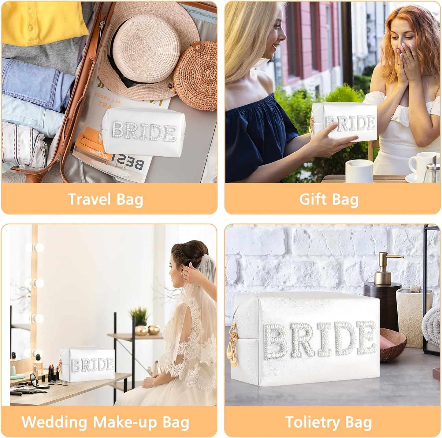 Bride Letter Makeup Bag Pearl Patch Bride Cosmetic Bag Rhinestone Travel Toiletry Bag Waterproof Zipper Purse for Bachelorette Party Women Wedding Bridal Bridesmaid Gifts Engagement Gift