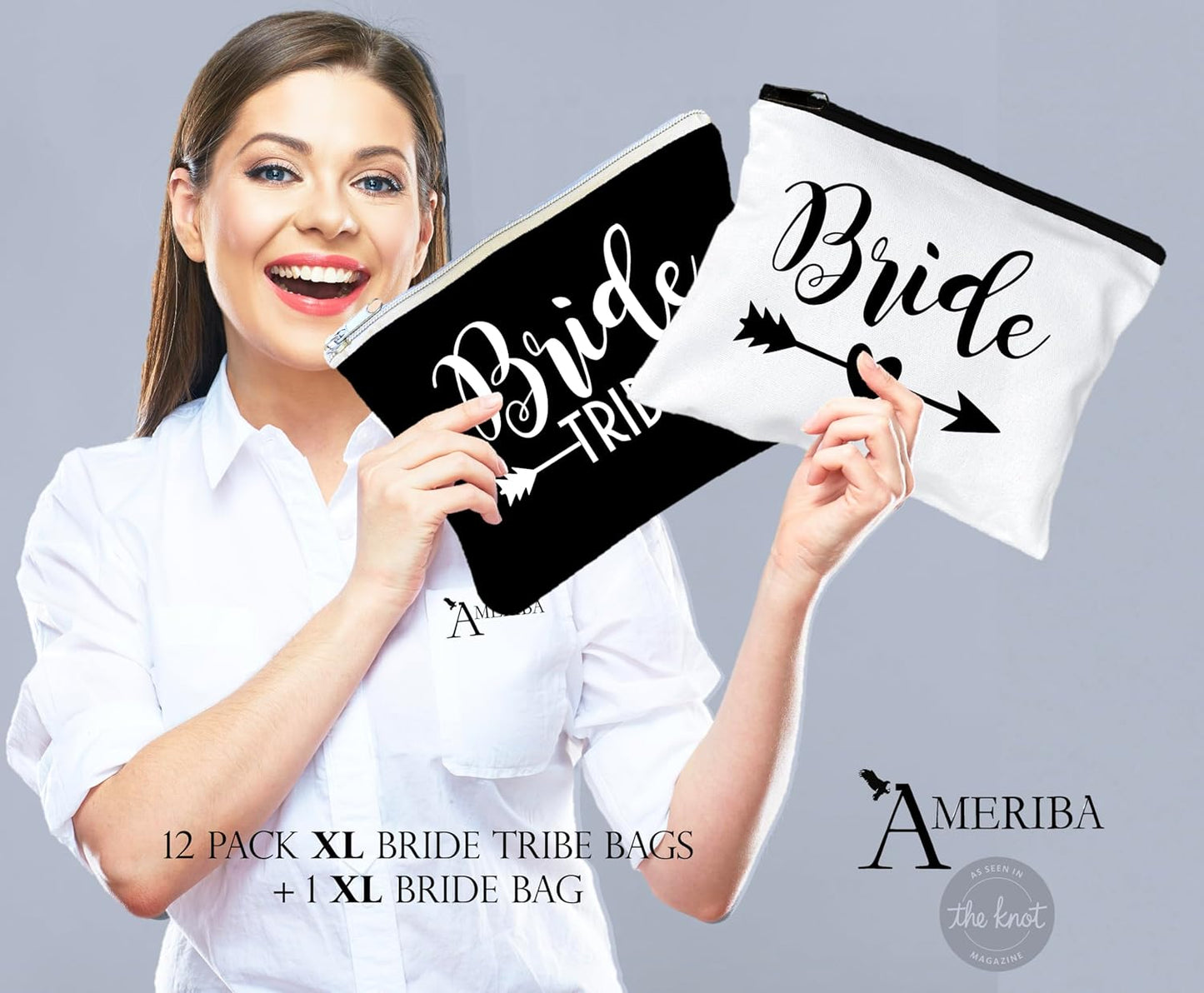 12 PACK SET + 1 BRIDE BAG Premium Natural Cotton Canvas Makeup Bag- Bridesmaids Gifts for the Bachelorette Party or Bridal Shower