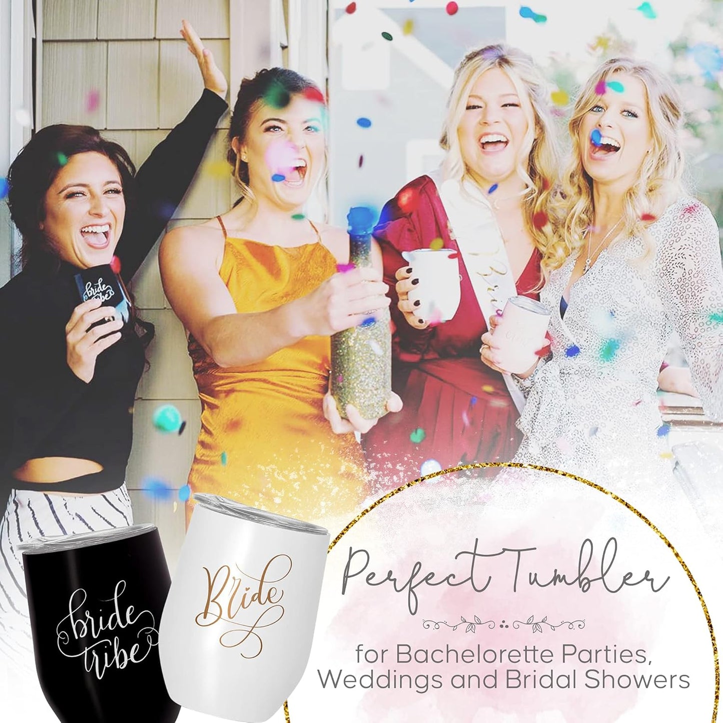 Bride & Bride Tribe Stainless Steel Wine Tumblers with Lids for Bachelorette Parties, Weddings, Bridesmaid Gifts, Reusable, 12Oz - 6 Piece Set (Black)