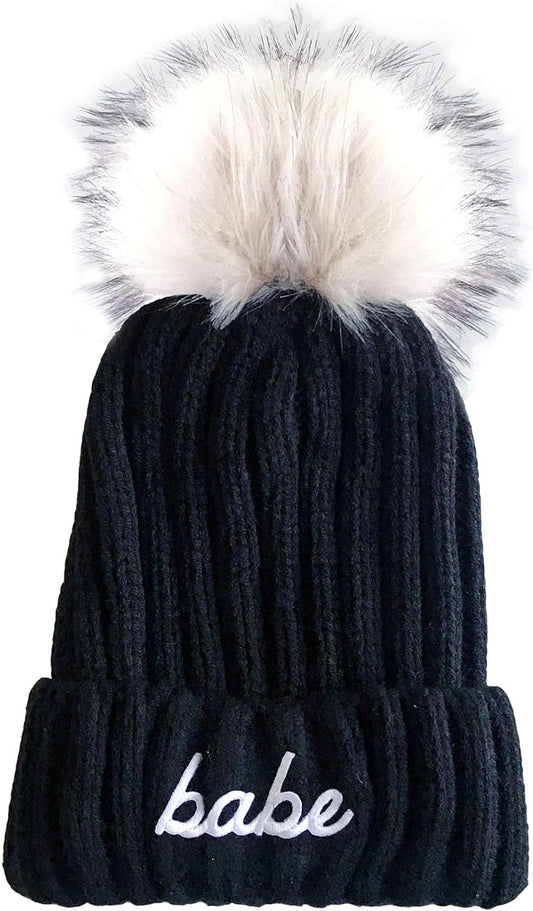 Bride & Bridesmaid Beanie Hats Knitted with Faux Fur Pom Poms for Women Winter Bachelorette Parties