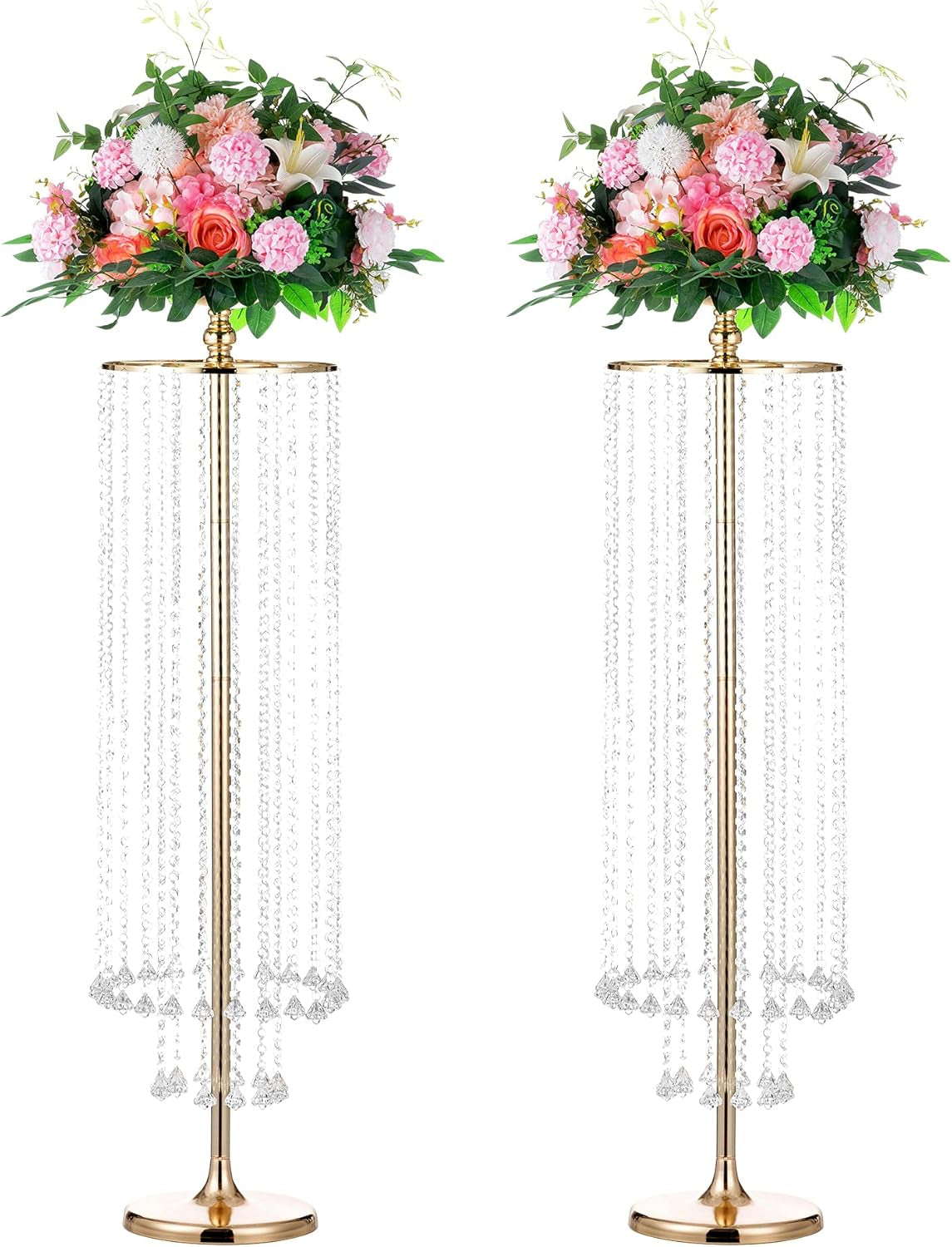 2 Pcs 47.2" Tall Large Gold Vases for Centerpieces Crystal Flower Stand for Wedding Centerpieces, Gold Flower Vase for Quinceanera Decorations Flower Centerpieces for Wedding Aisle Decorations Stands